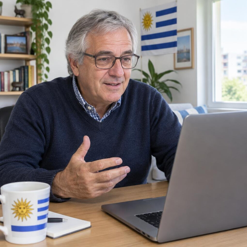 Senior Latin American man having a video call on a laptop at home