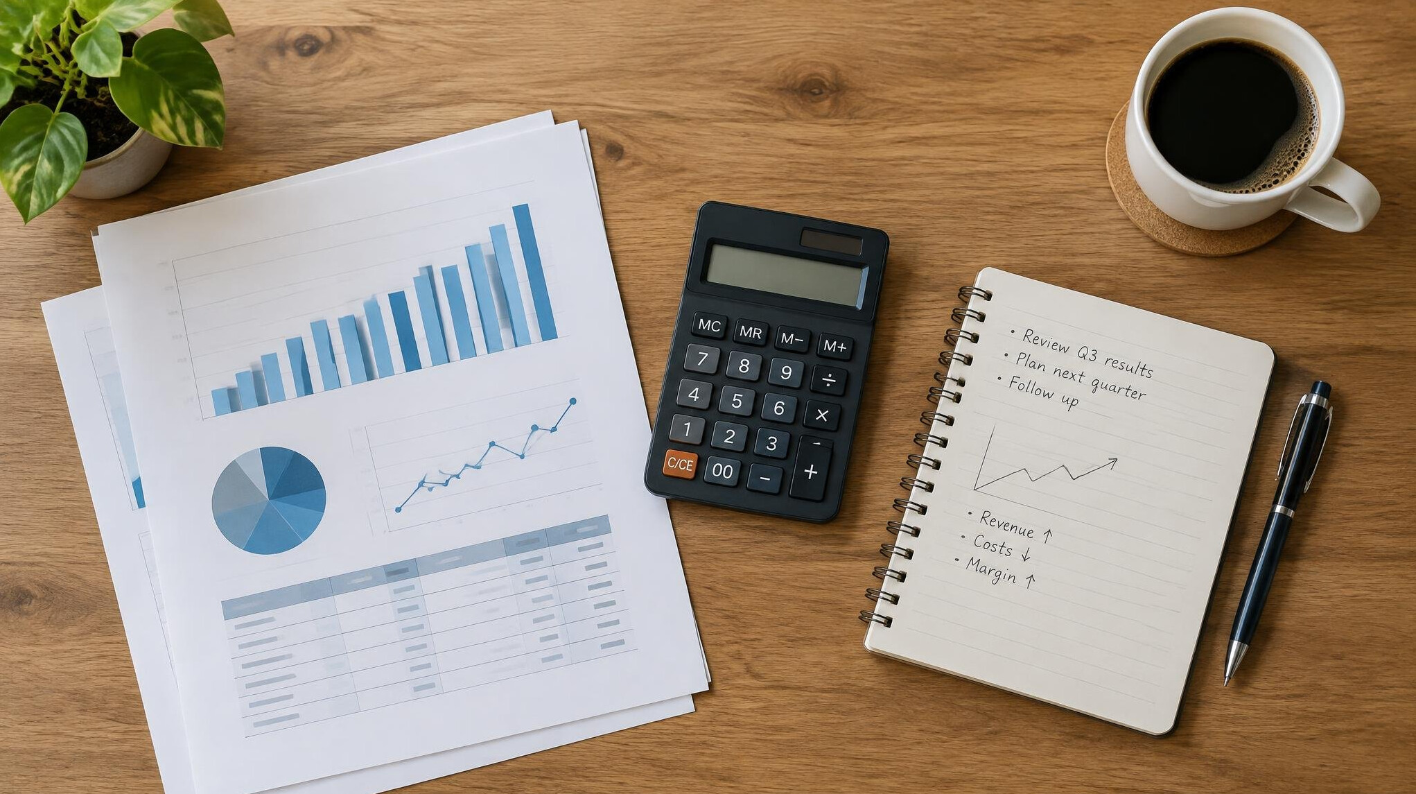 Top-down view of a desk with documents, calculator, notebook and coffee