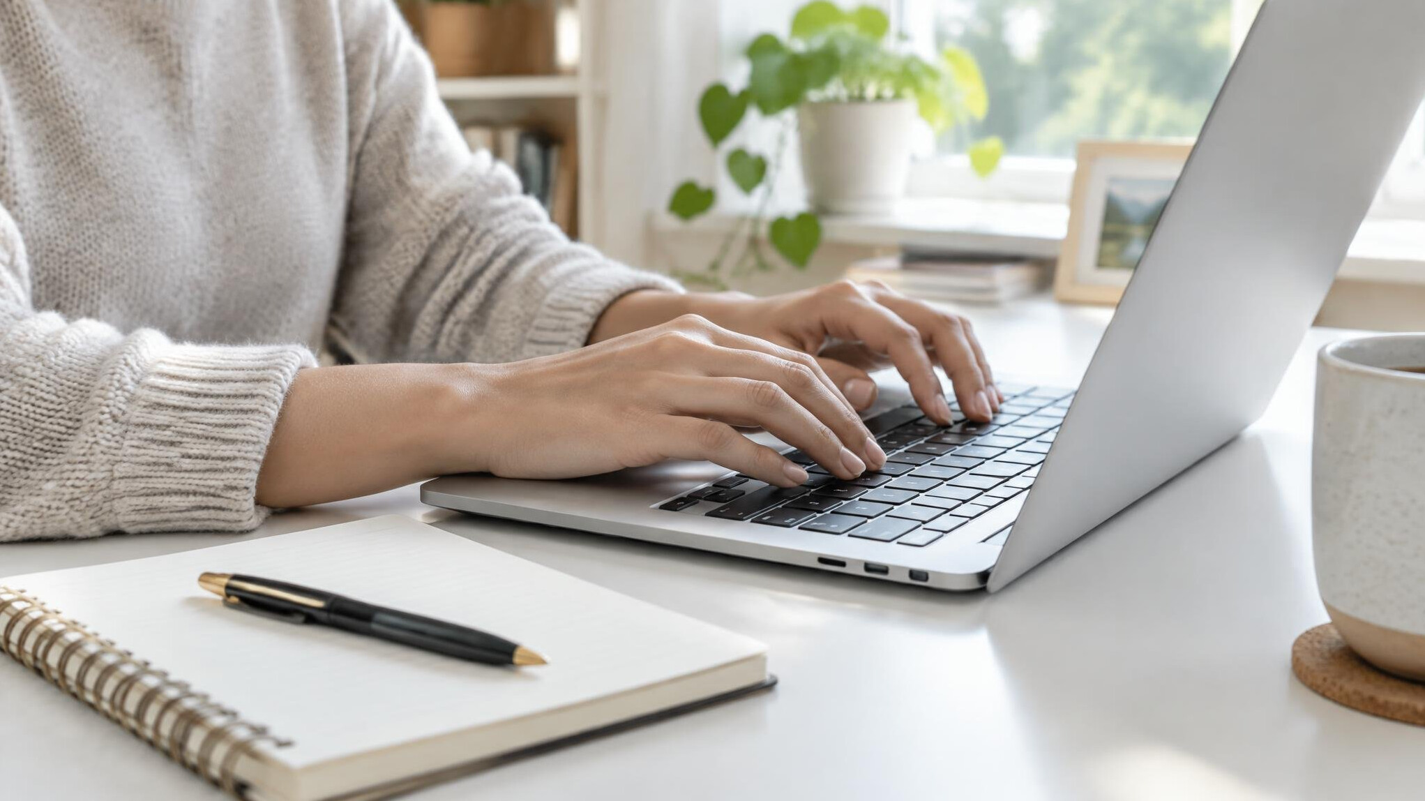 Hands typing on a laptop next to a notebook with notes