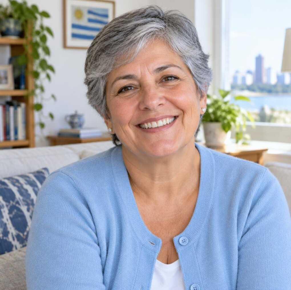 Smiling mature Latin American woman with grey hair looking at the camera