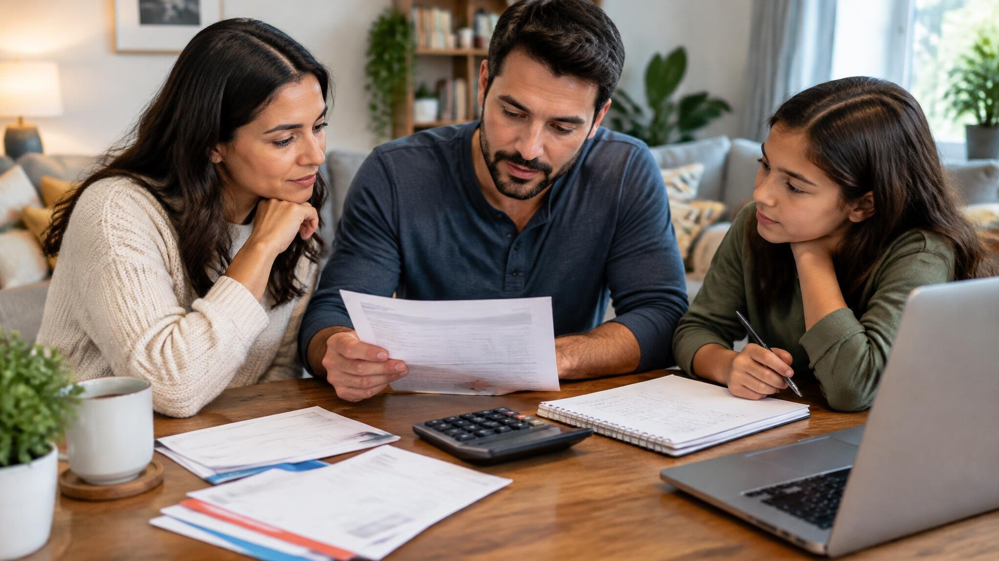 family discussing finances at home