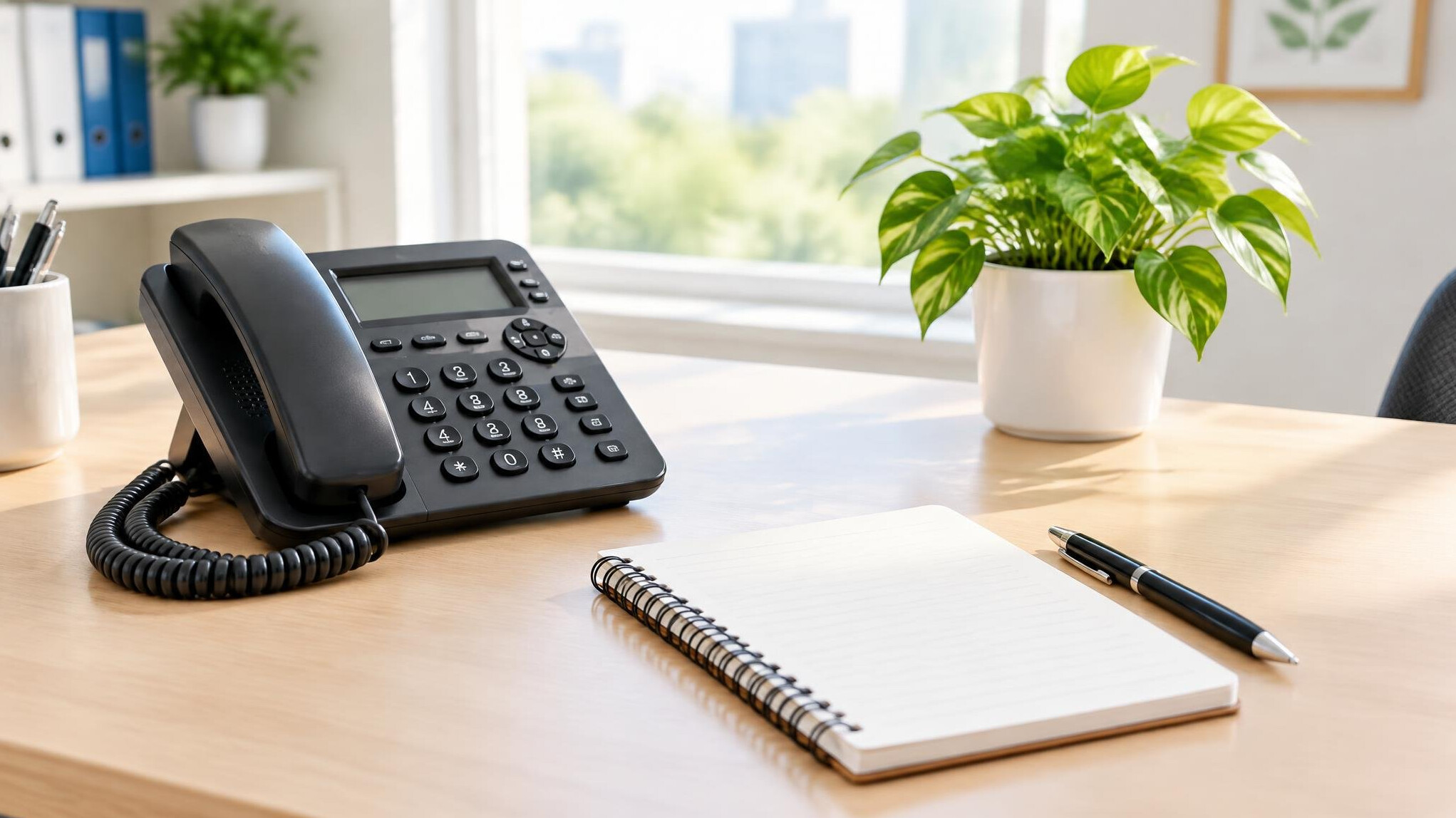 Desk with a phone, notebook and plant in a bright office