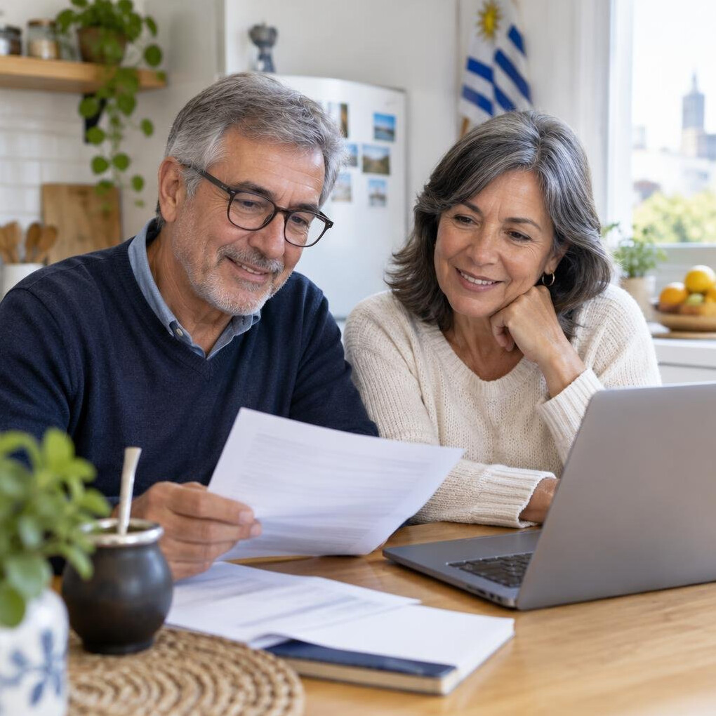 Smiling senior Latin American couple reviewing documents together at a bright table