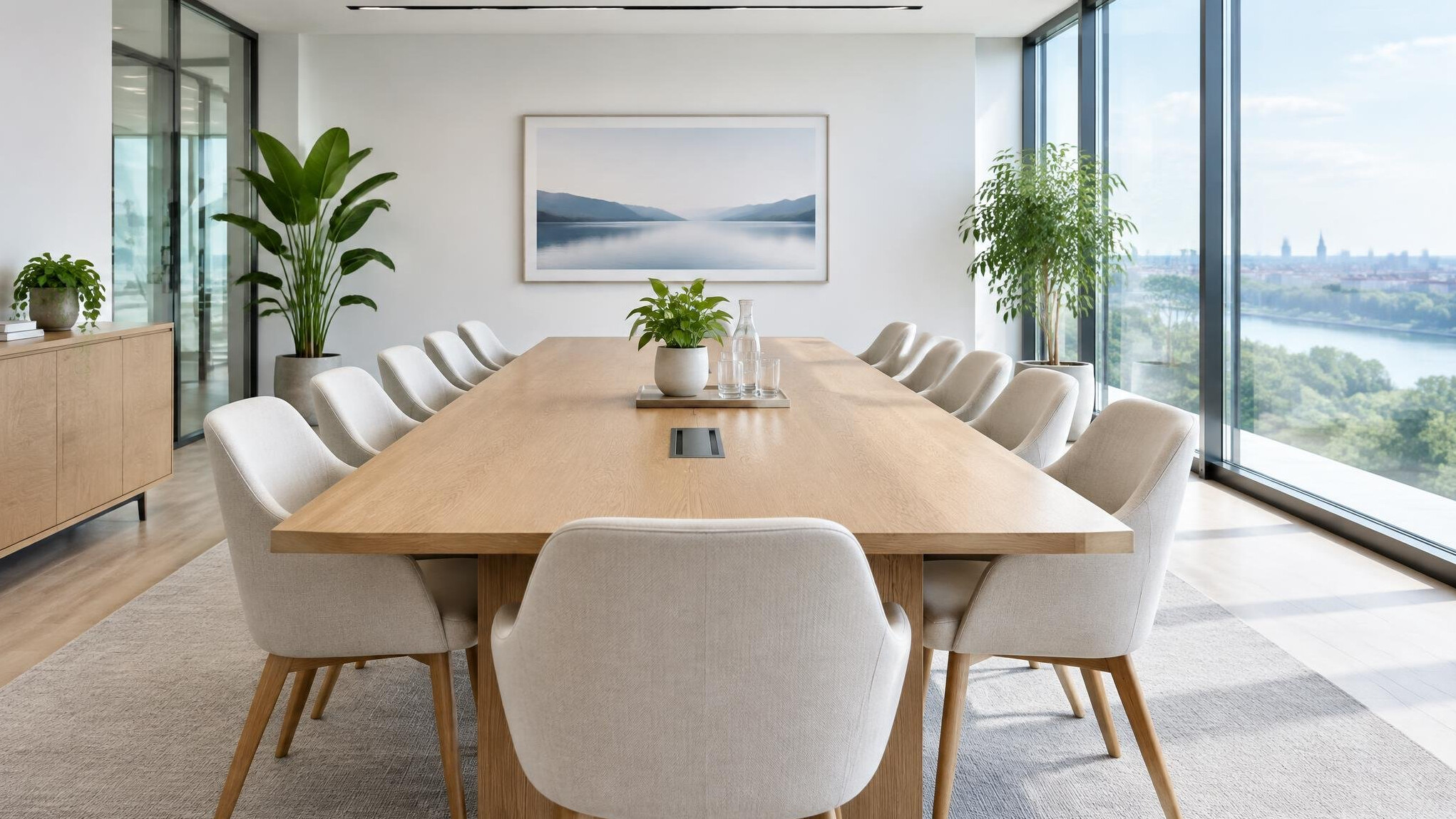 Bright modern meeting room with a wooden table and chairs